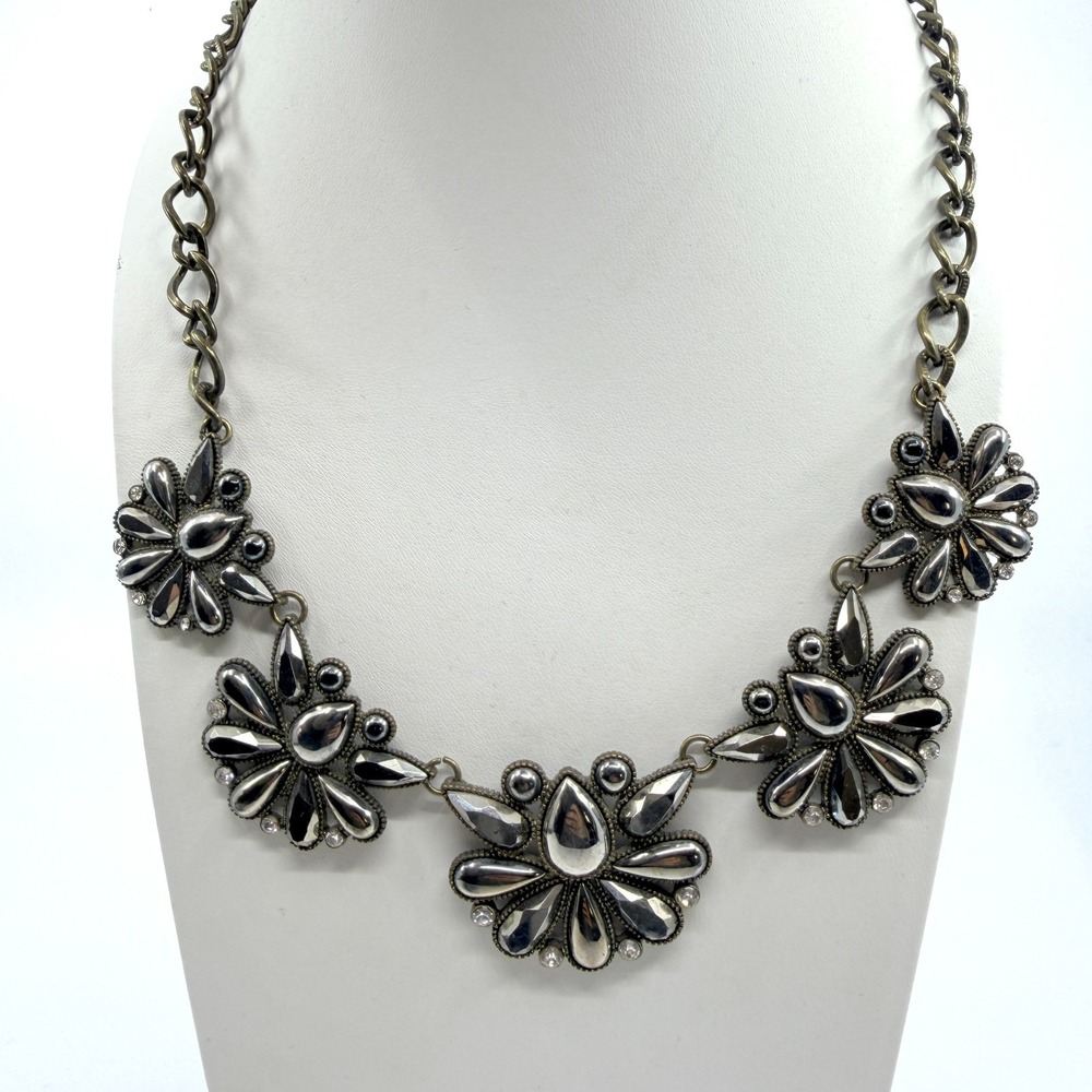 Vintage Brass Floral Statement Bib Necklace Clear Rhinestones